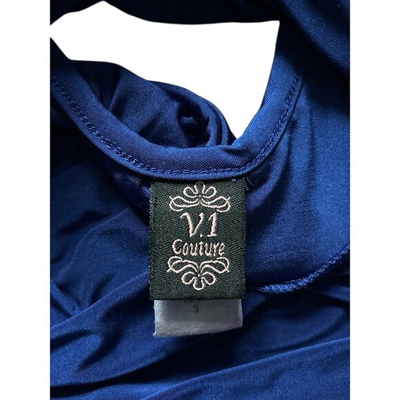 V.1 Couture Shirt Womens Small Blue Halter Mock Neck Open Back Blouse Top - Picture 3 of 5